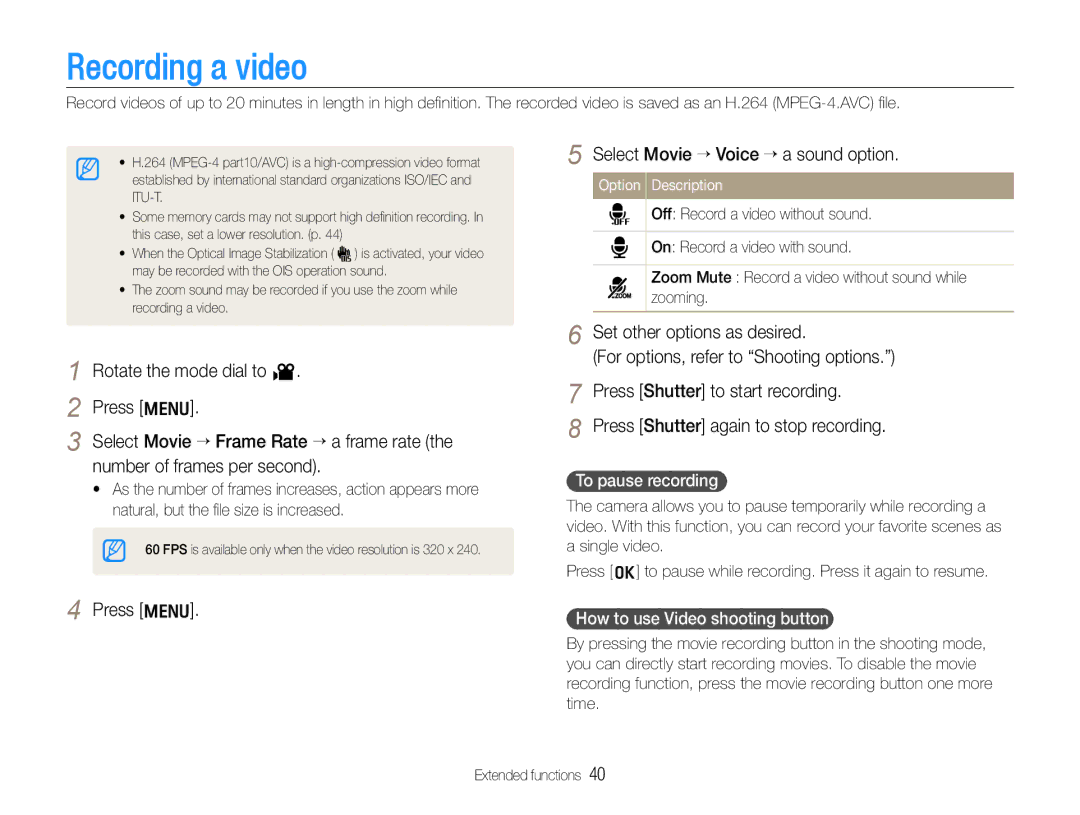 Samsung WB650, WB660 user manual Recording a video, Select Movie ¢ Voice ¢a sound option, To pause recording 