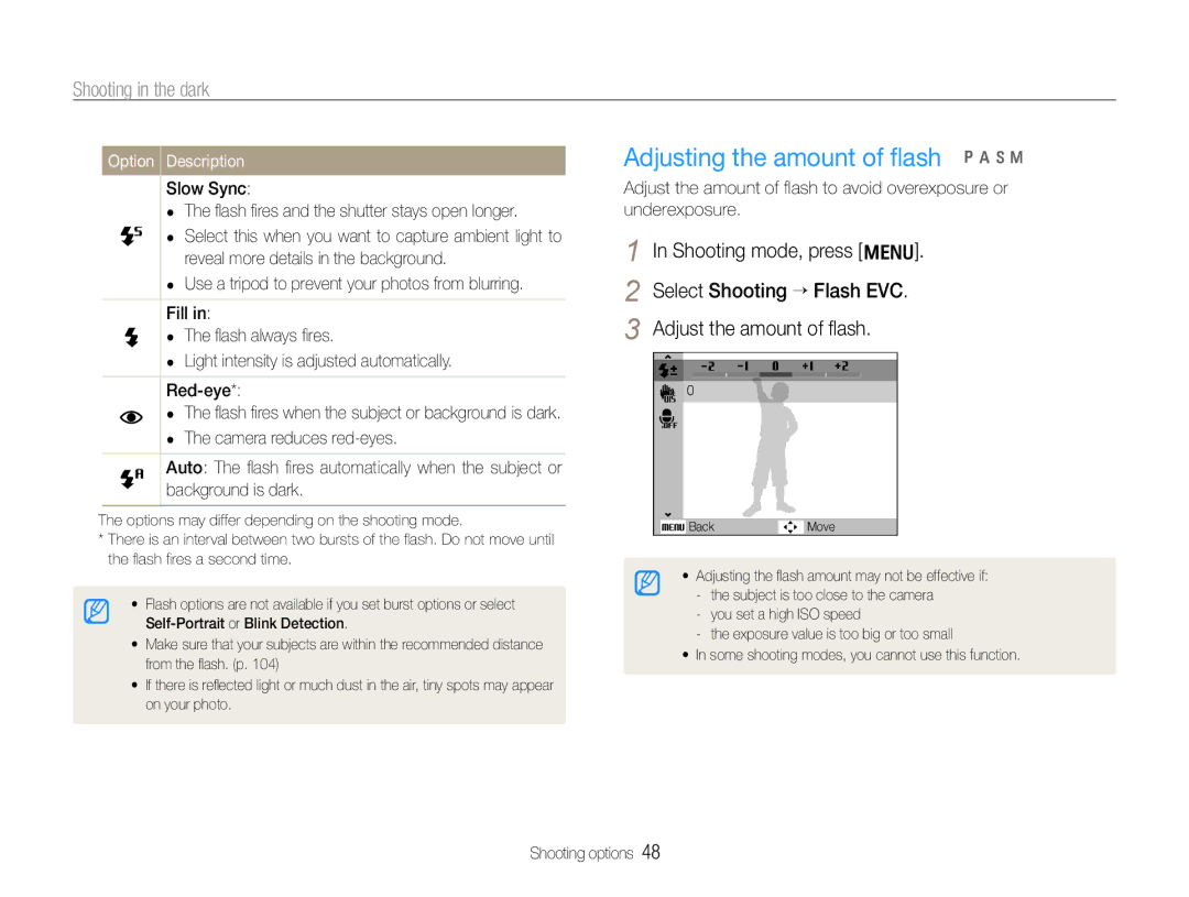 Samsung WB650, WB660 user manual Adjusting the amount of ﬂash p a h n, Shooting in the dark 