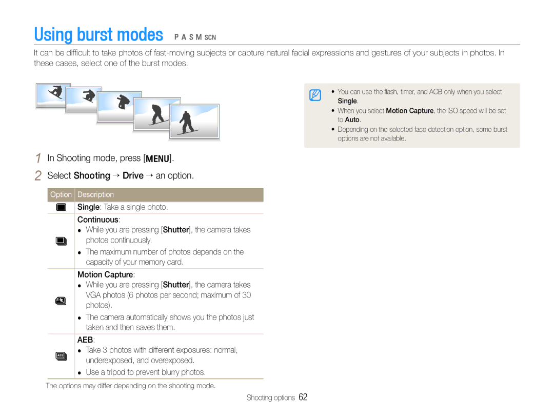 Samsung WB650, WB660 user manual Using burst modes p a h n s, Shooting mode, press m Select Shooting ¢Drive ¢ an option 