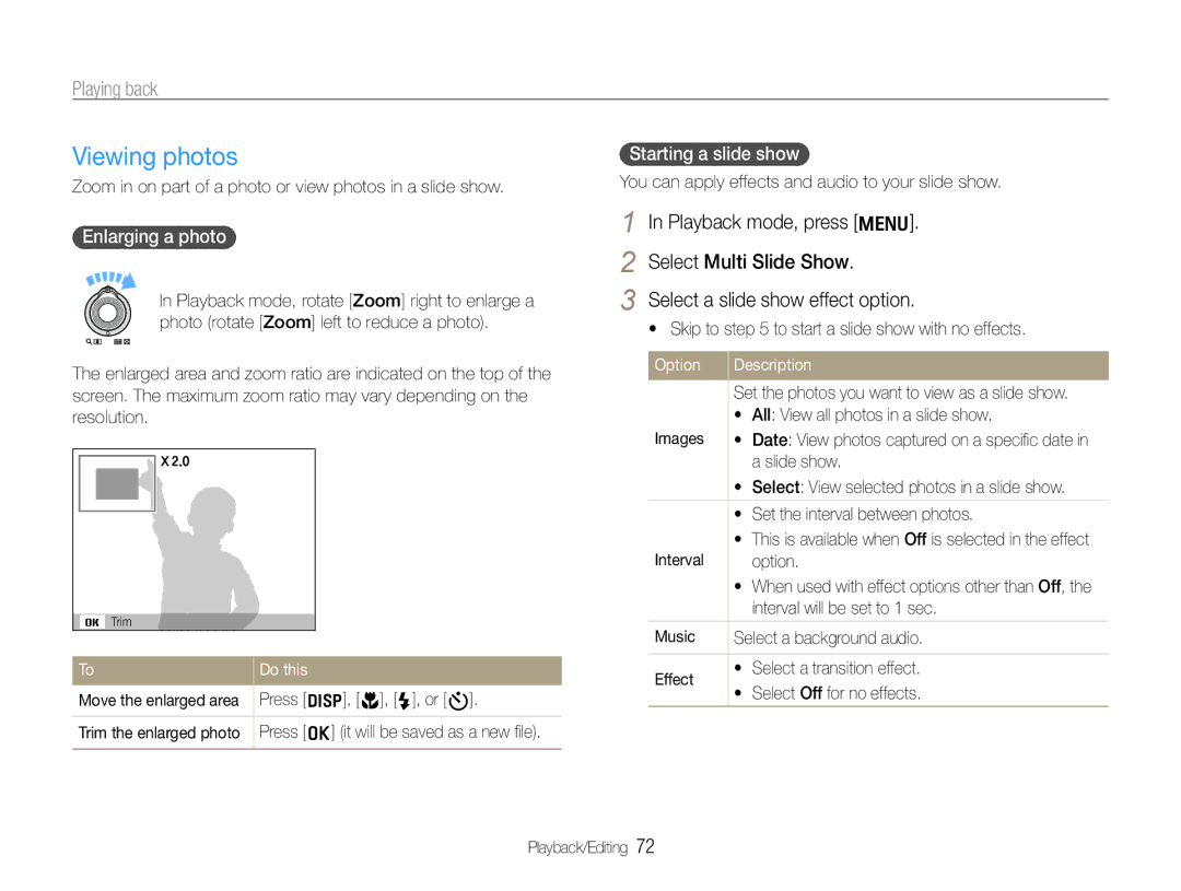 Samsung WB650, WB660 user manual Viewing photos, Enlarging a photo, Starting a slide show 