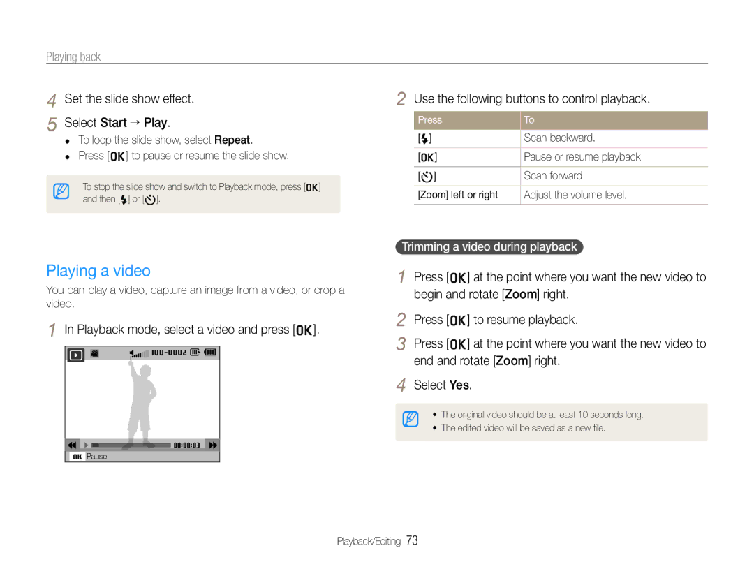 Samsung WB660 Playing a video, Set the slide show effect Select Start ¢Play, Playback mode, select a video and press o 