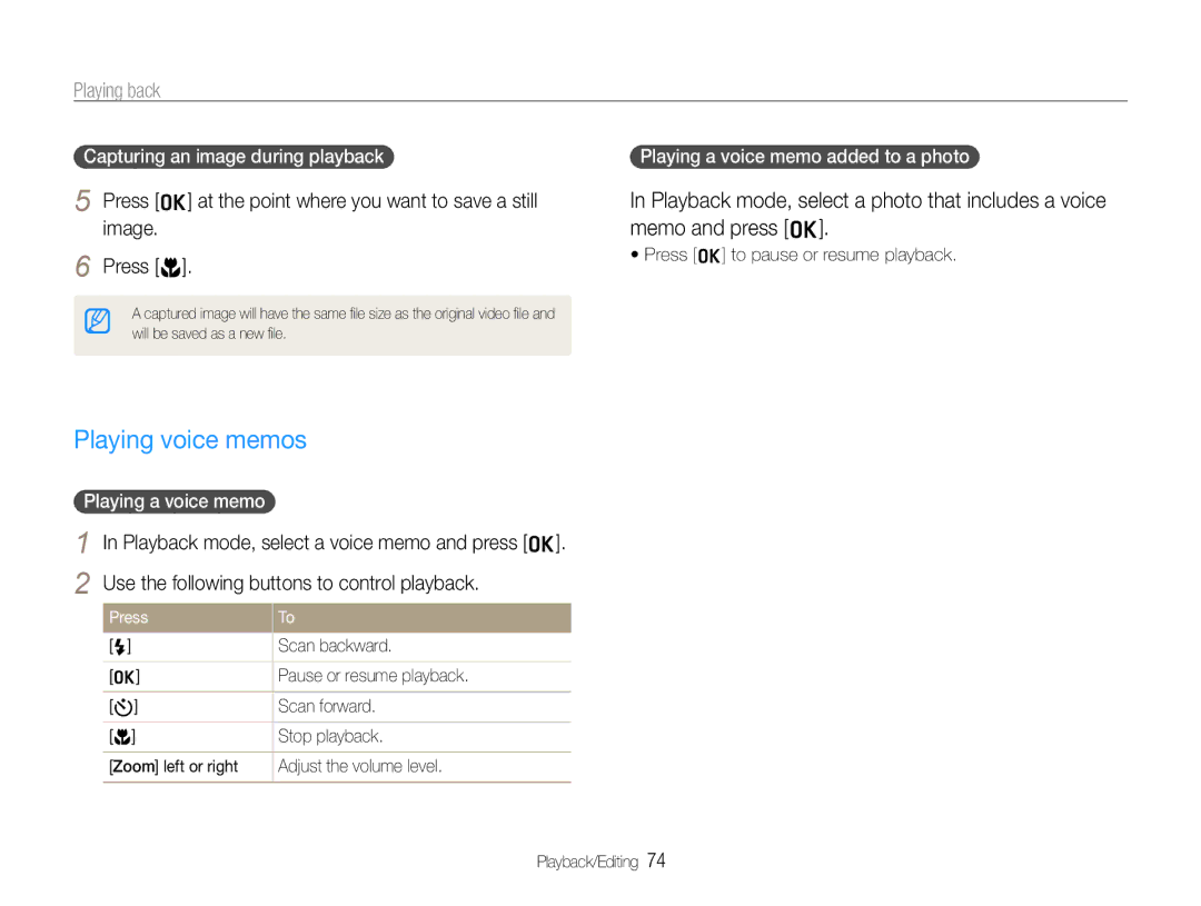 Samsung WB650, WB660 user manual Playing voice memos, Capturing an image during playback, Playing a voice memo 