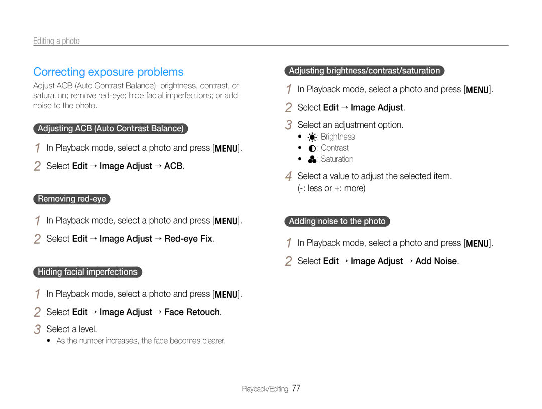 Samsung WB660, WB650 user manual Correcting exposure problems, Select a value to adjust the selected item. less or + more 