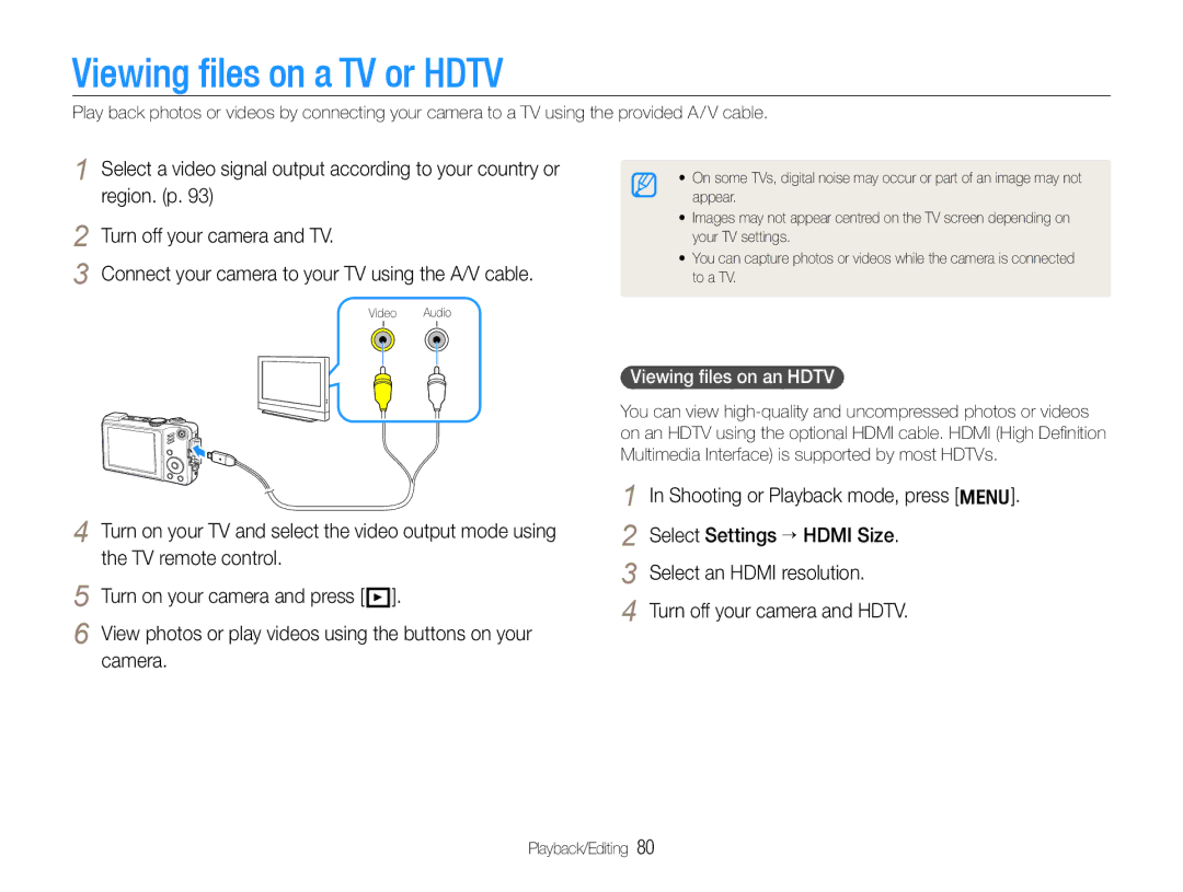 Samsung WB650, WB660 user manual Viewing files on a TV or Hdtv, Viewing ﬁles on an Hdtv 