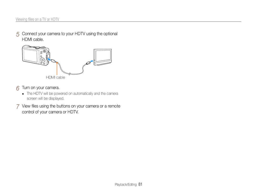 Samsung WB660, WB650 user manual Viewing ﬁles on a TV or Hdtv, Turn on your camera, Hdmi cable 