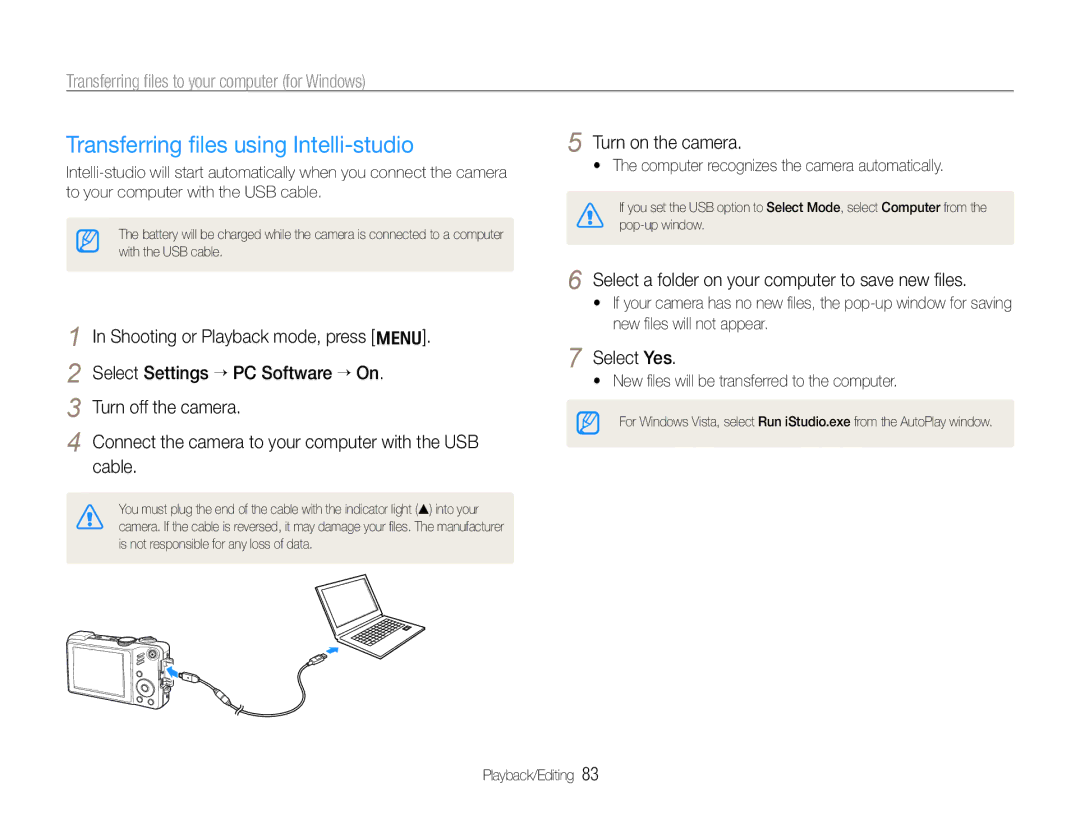 Samsung WB660 Transferring ﬁles using Intelli-studio, Transferring ﬁles to your computer for Windows, Turn on the camera 