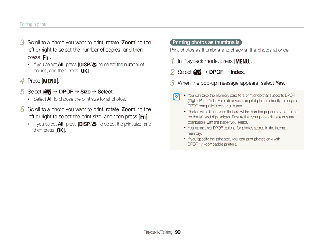 Samsung WB750 user manual Press m Select O “ Dpof “ Size “ Select, Select All to choose the print size for all photos 