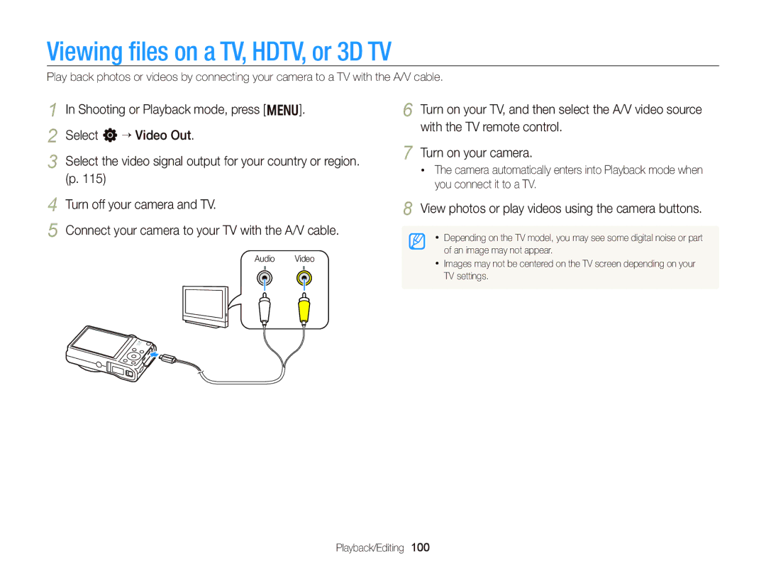 Samsung WB750 user manual Viewing ﬁles on a TV, HDTV, or 3D TV, View photos or play videos using the camera buttons 