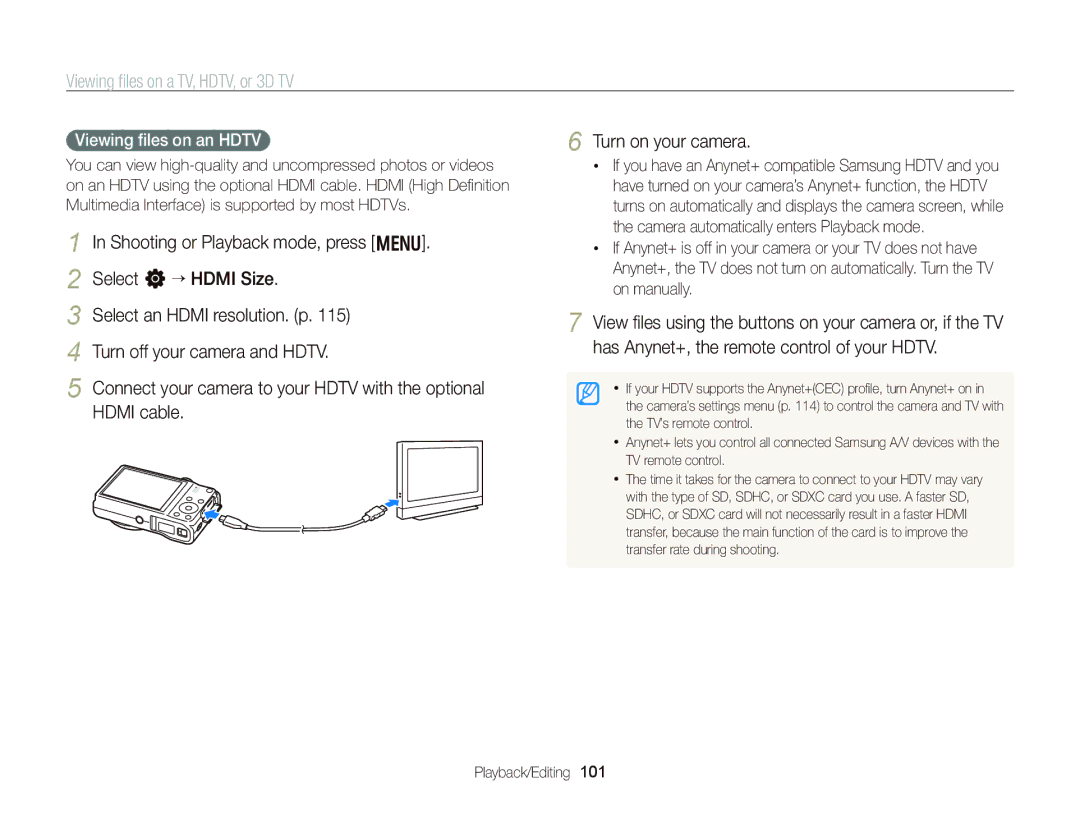 Samsung WB750 user manual Viewing ﬁles on a TV, HDTV, or 3D TV, Viewing ﬁles on an Hdtv 