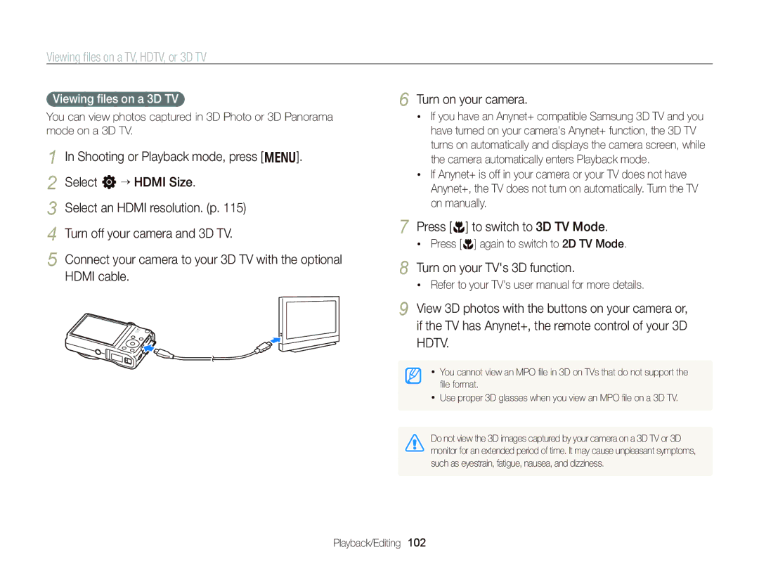 Samsung WB750 user manual Press c to switch to 3D TV Mode, Viewing ﬁles on a 3D TV, Press c again to switch to 2D TV Mode 