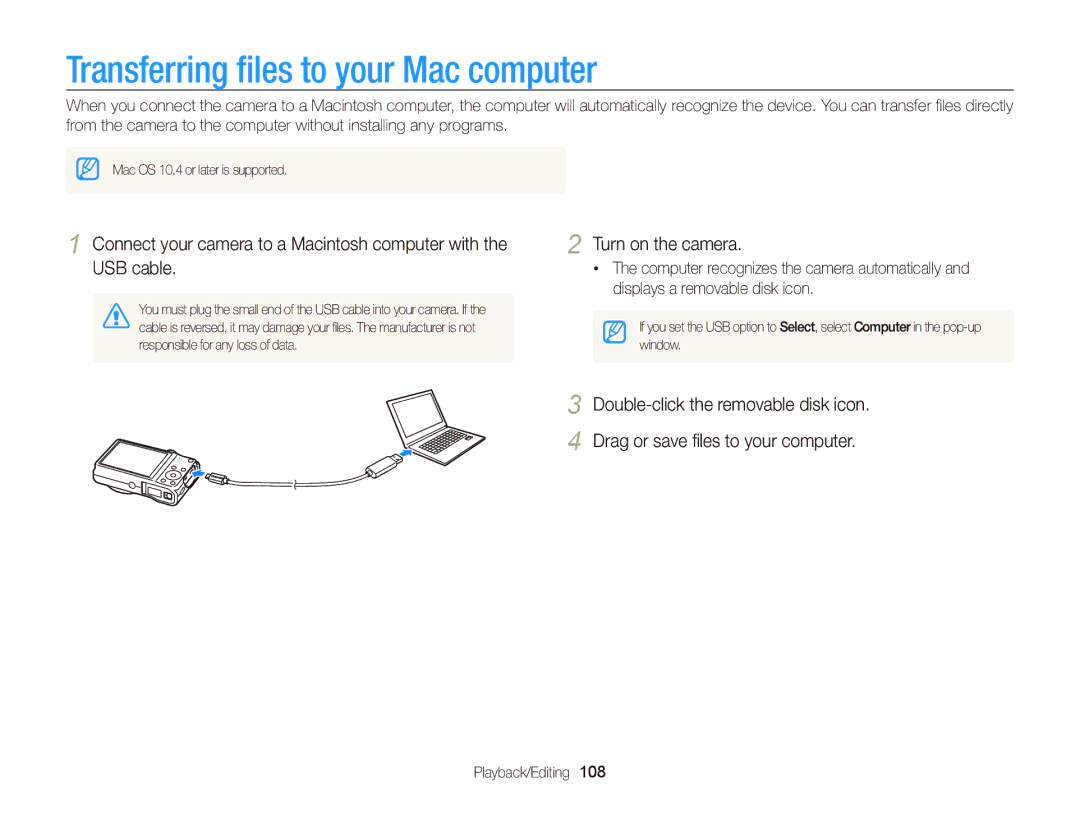 Samsung WB750 user manual Transferring ﬁles to your Mac computer 