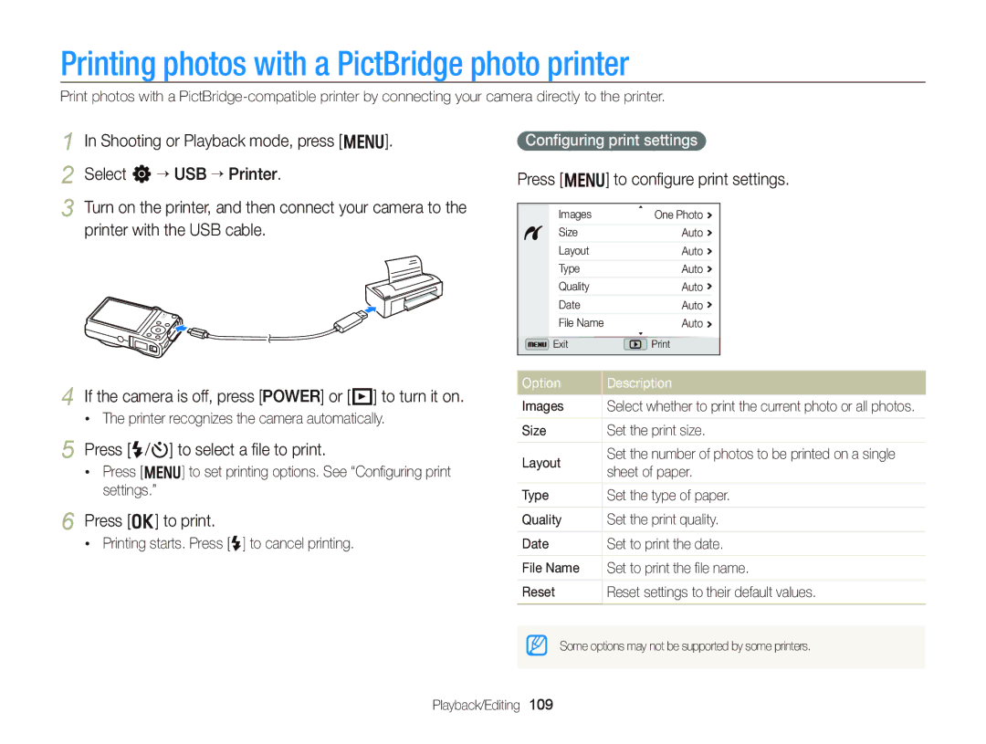 Samsung WB750 Printing photos with a PictBridge photo printer, Press F/t to select a ﬁle to print, Press o to print 