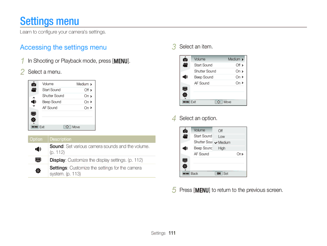 Samsung WB750 user manual Settings menu, Accessing the settings menu, Shooting or Playback mode, press m, Select an item 