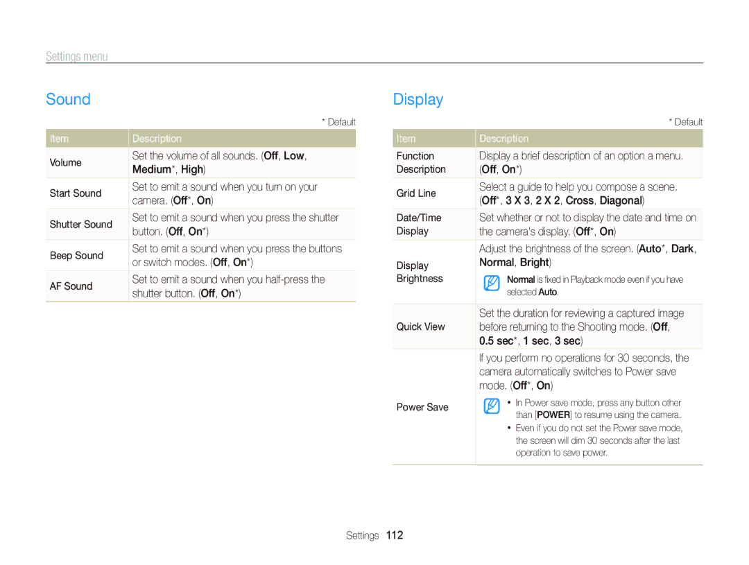 Samsung WB750 user manual Sound, Display, Settings menu 