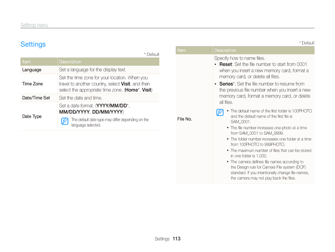 Samsung WB750 Settings, Language Set a language for the display text, Time Zone, File No, Specify how to name ﬁles 