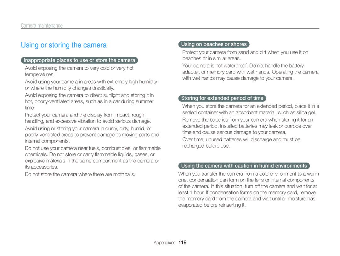 Samsung WB750 user manual Using or storing the camera, Camera maintenance 