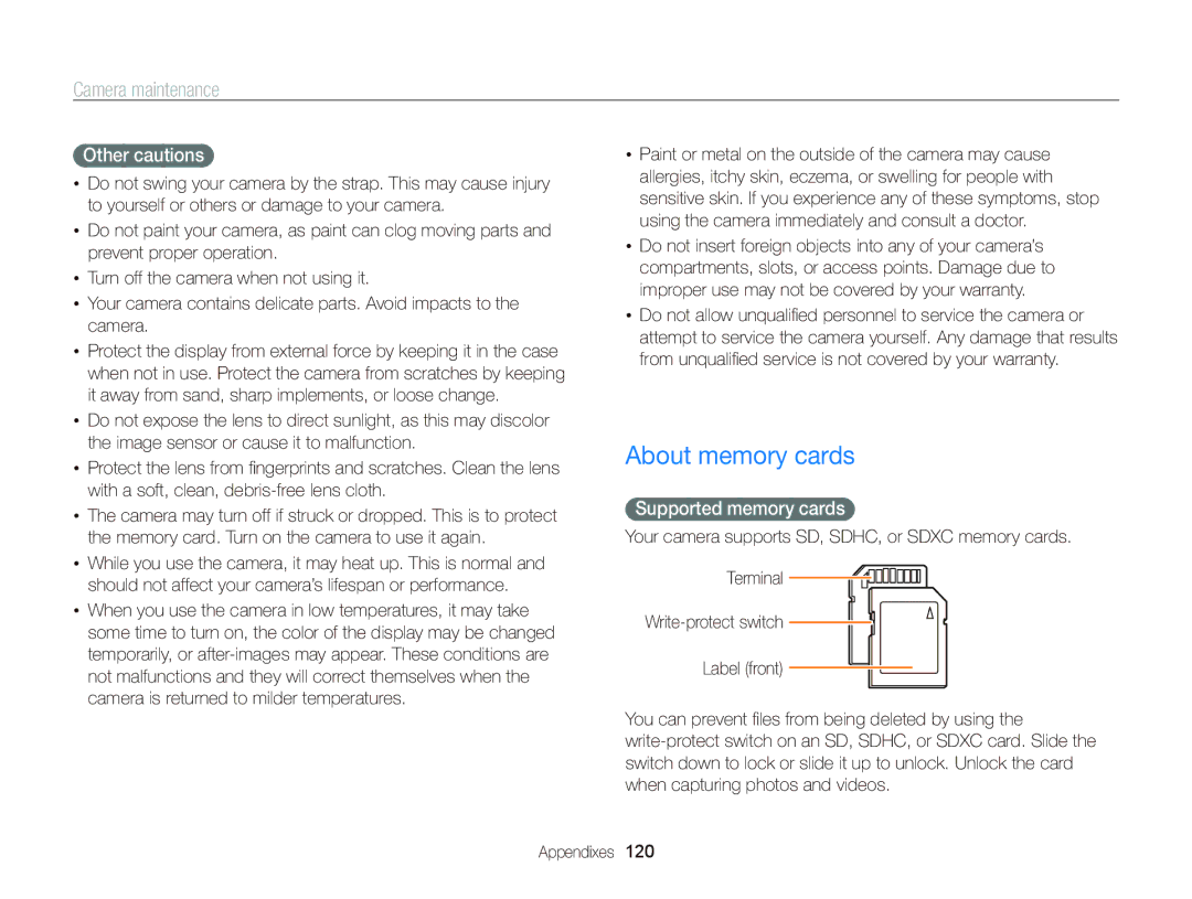 Samsung WB750 user manual About memory cards, Other cautions, Supported memory cards 