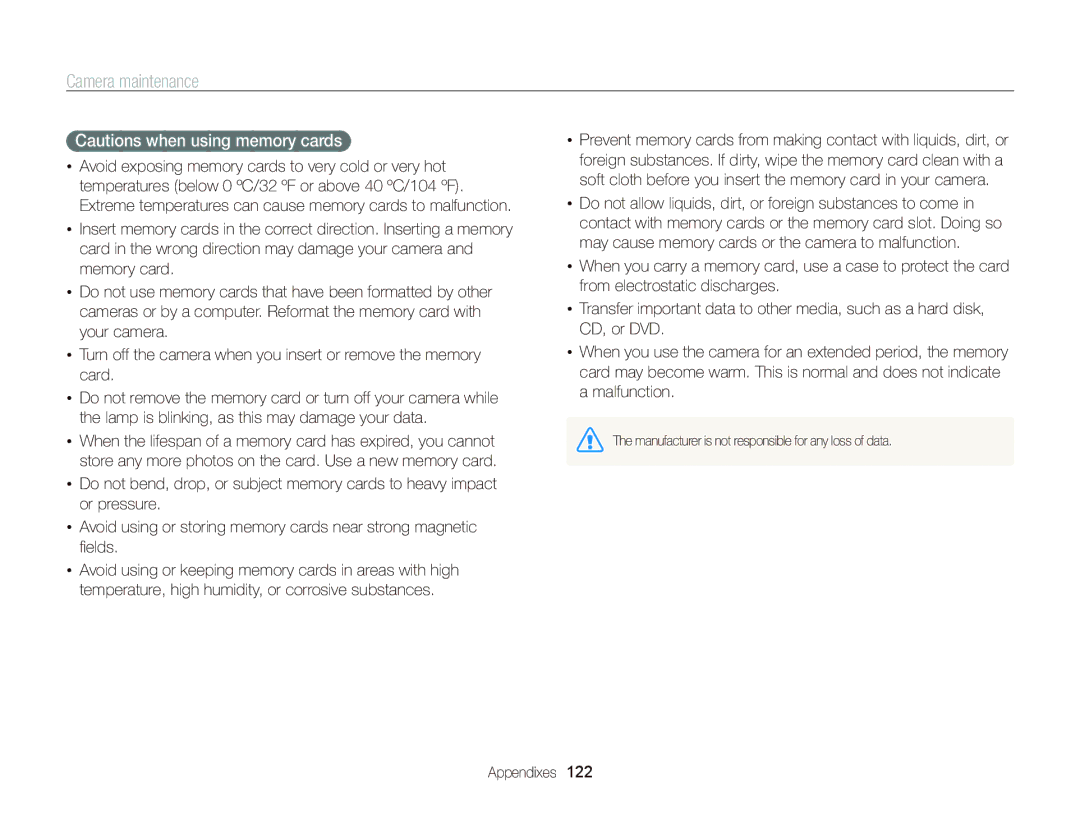 Samsung WB750 user manual Manufacturer is not responsible for any loss of data 