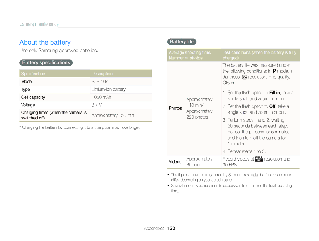 Samsung WB750 user manual About the battery, Battery speciﬁcations, Battery life 