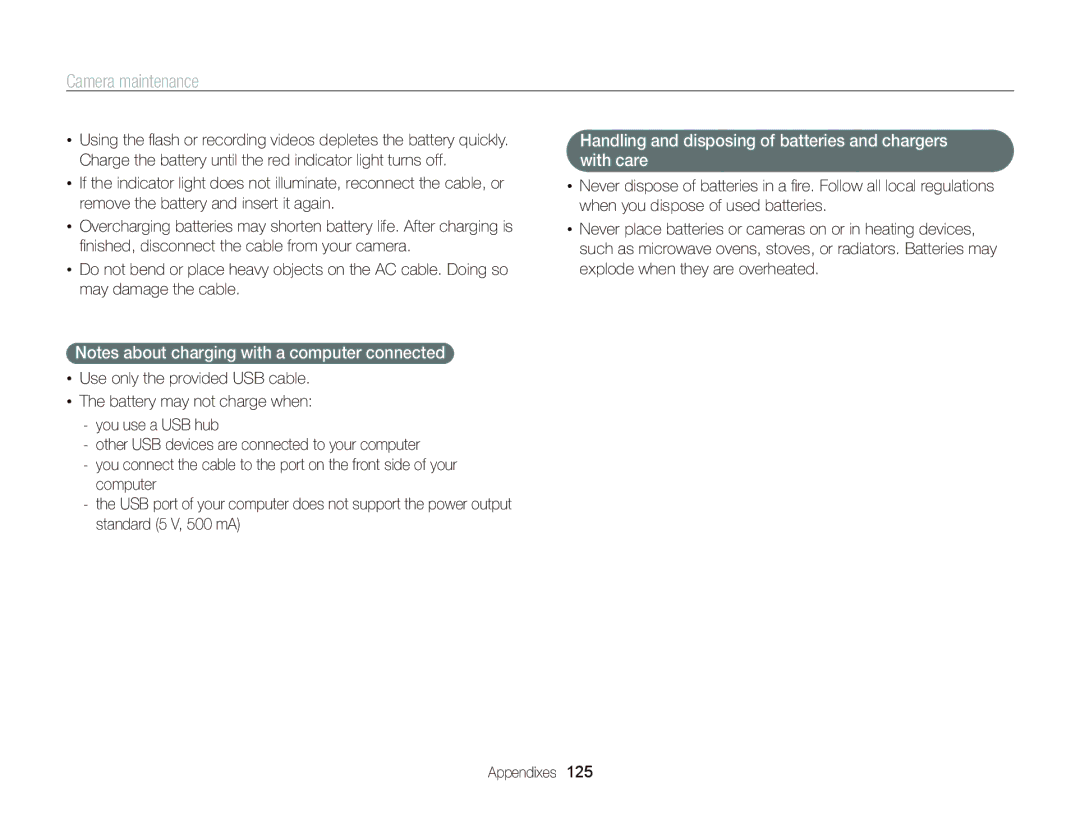 Samsung WB750 user manual Handling and disposing of batteries and chargers with care 