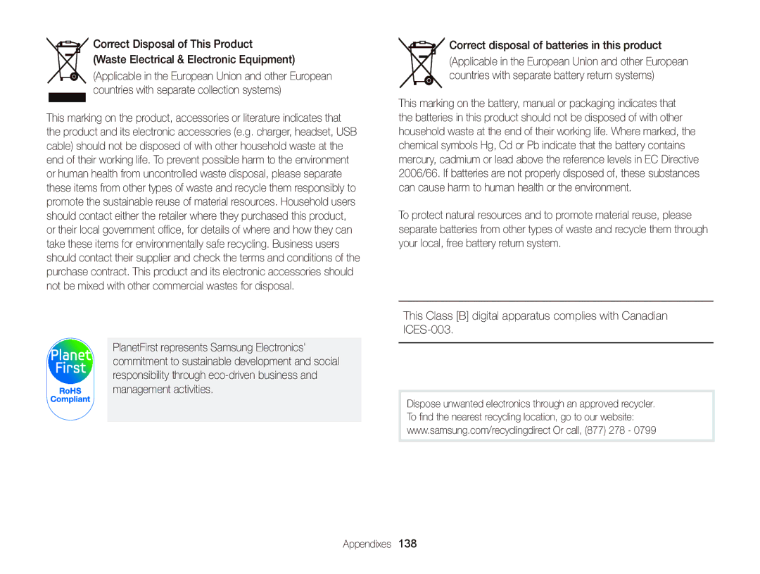 Samsung WB750 user manual Correct Disposal of This Product 