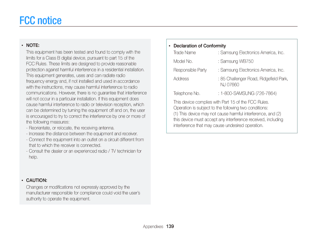 Samsung user manual FCC notice, Model No Samsung WB750 Responsible Party, Address, Telephone No Samsung 