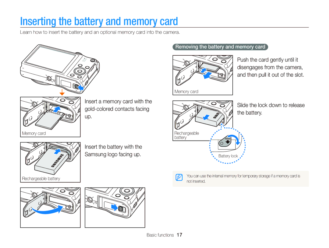 Samsung WB750 user manual Inserting the battery and memory card, Slide the lock down to release the battery 