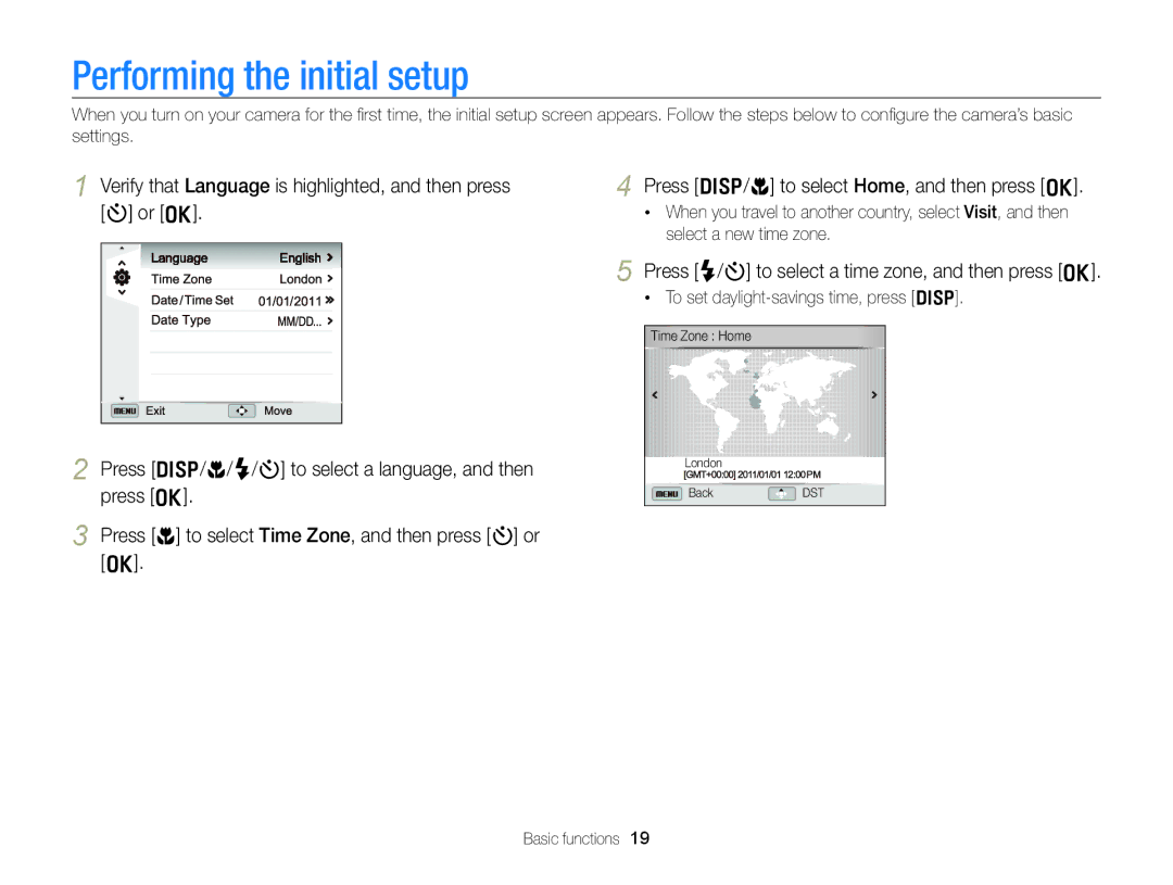 Samsung WB750 user manual Performing the initial setup, To set daylight-savings time, press D 