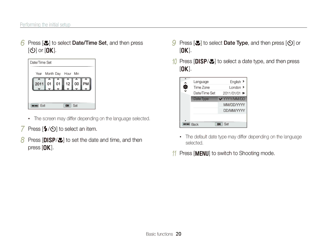 Samsung WB750 user manual Performing the initial setup, Press c to select Date/Time Set, and then press t or o 