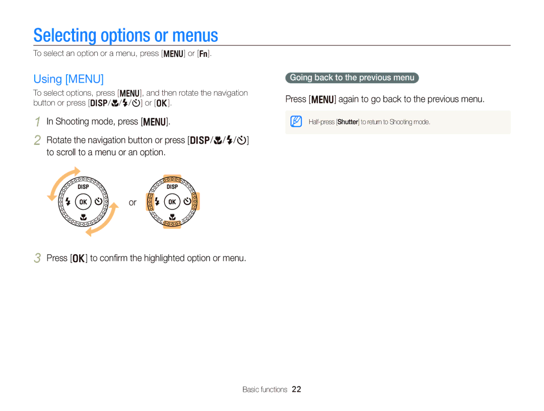 Samsung WB750 user manual Selecting options or menus, Using Menu, Press m again to go back to the previous menu 