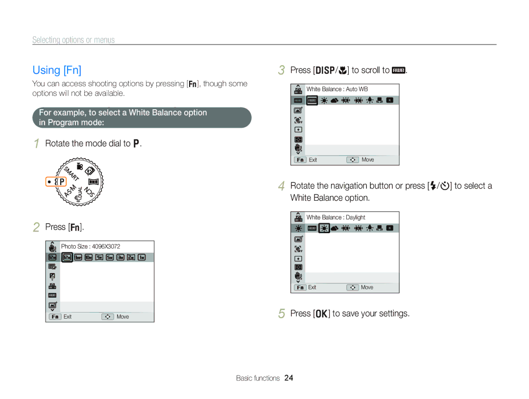 Samsung WB750 user manual Using Fn, Rotate the mode dial to p Press f, Press D/c to scroll to 