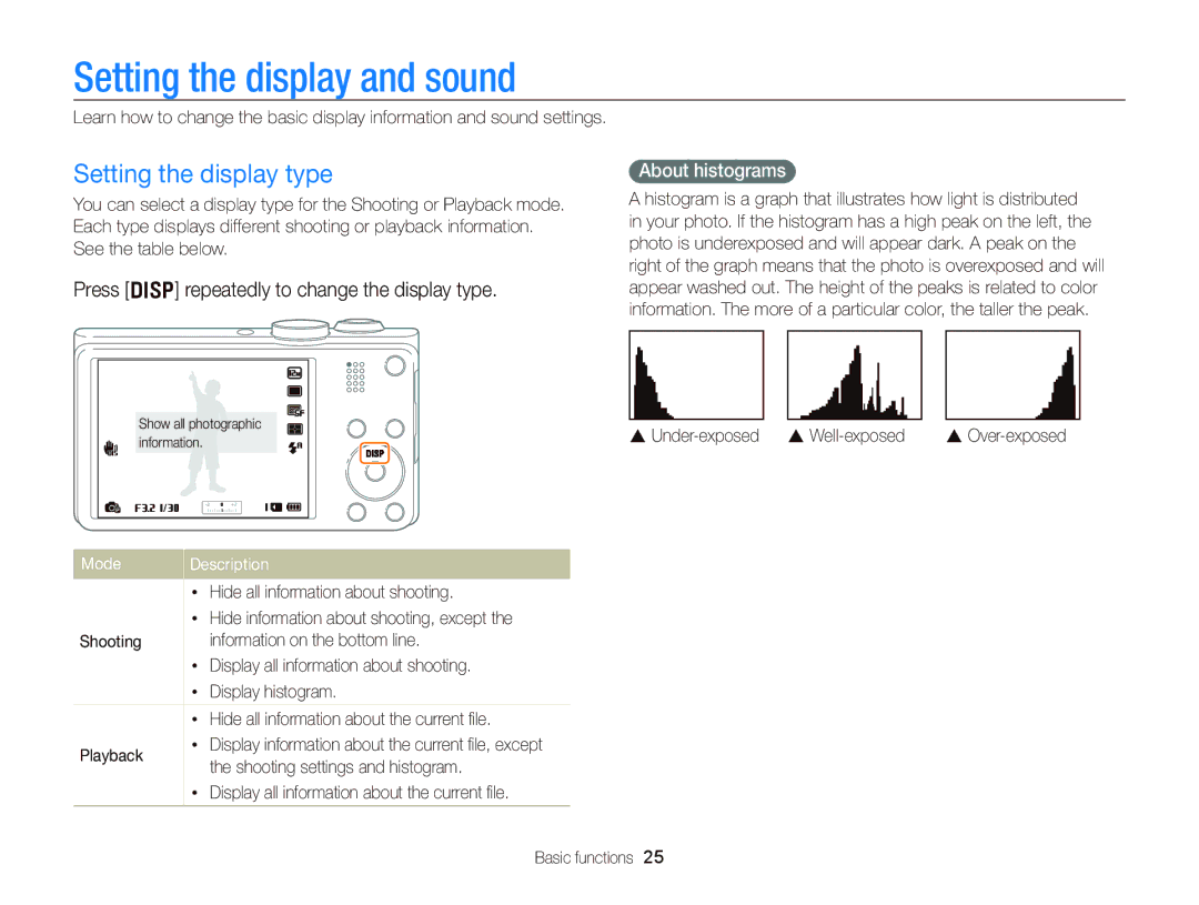 Samsung WB750 Setting the display and sound, Setting the display type, Press D repeatedly to change the display type 