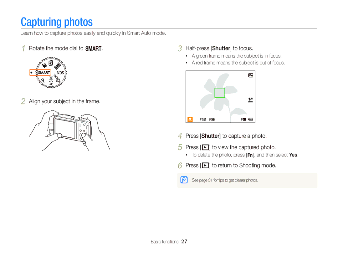 Samsung WB750 Capturing photos, Press P to return to Shooting mode, To delete the photo, press f, and then select Yes 