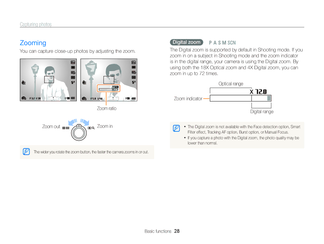 Samsung WB750 user manual Zooming, Capturing photos, Digital zoom p a h M s 