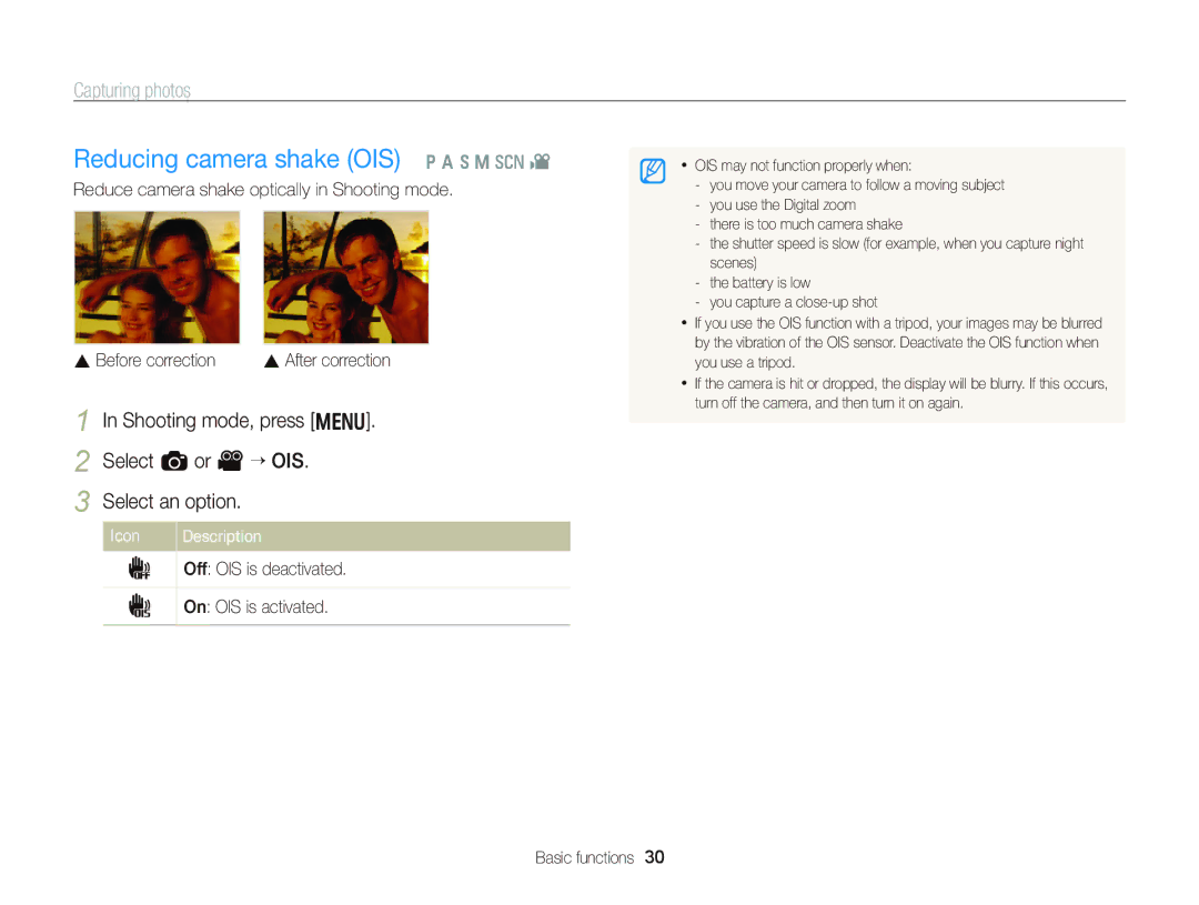 Samsung WB750 user manual Reducing camera shake OIS p a h M s, Shooting mode, press m Select a or V “ OIS Select an option 