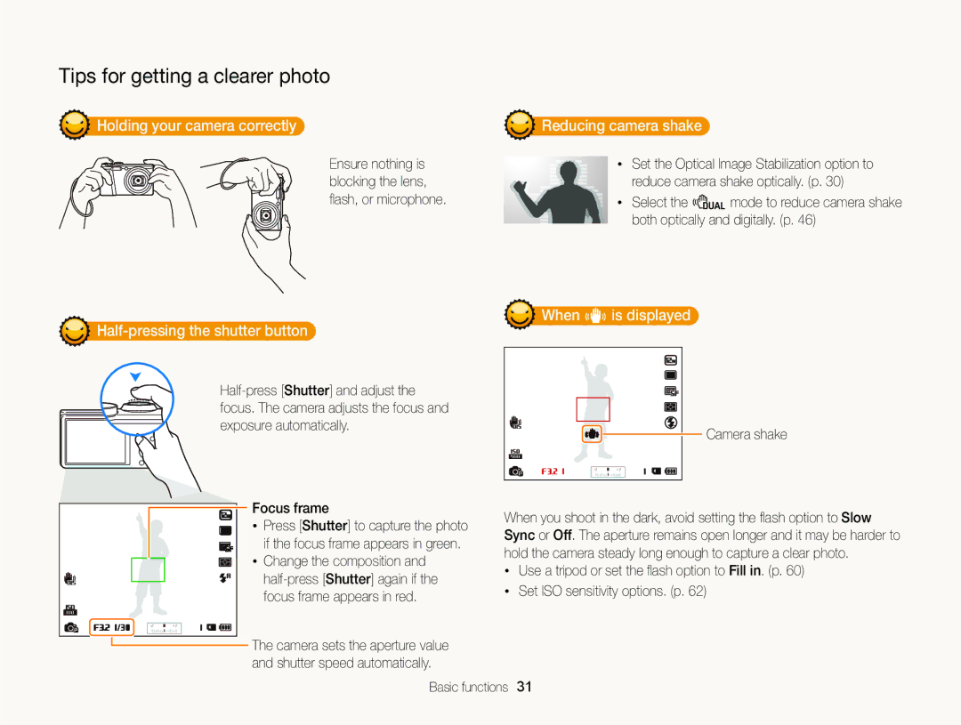 Samsung WB750 Holding your camera correctly, Reducing camera shake, Half-pressing the shutter button, When is displayed 