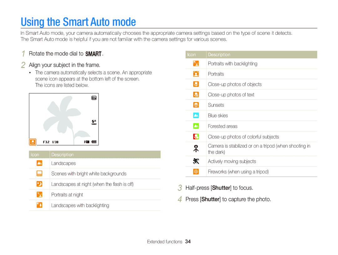 Samsung WB750 Using the Smart Auto mode, Rotate the mode dial to T Align your subject in the frame, Icons are listed below 