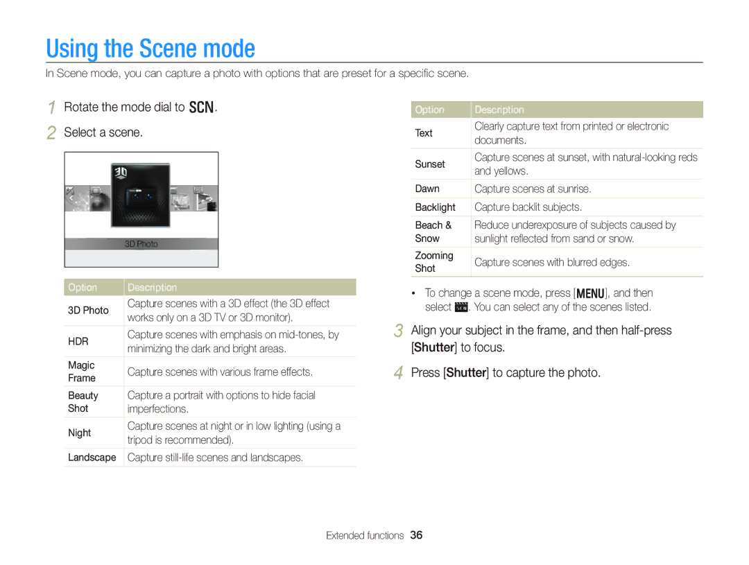 Samsung WB750 user manual Using the Scene mode, Rotate the mode dial to s Select a scene 