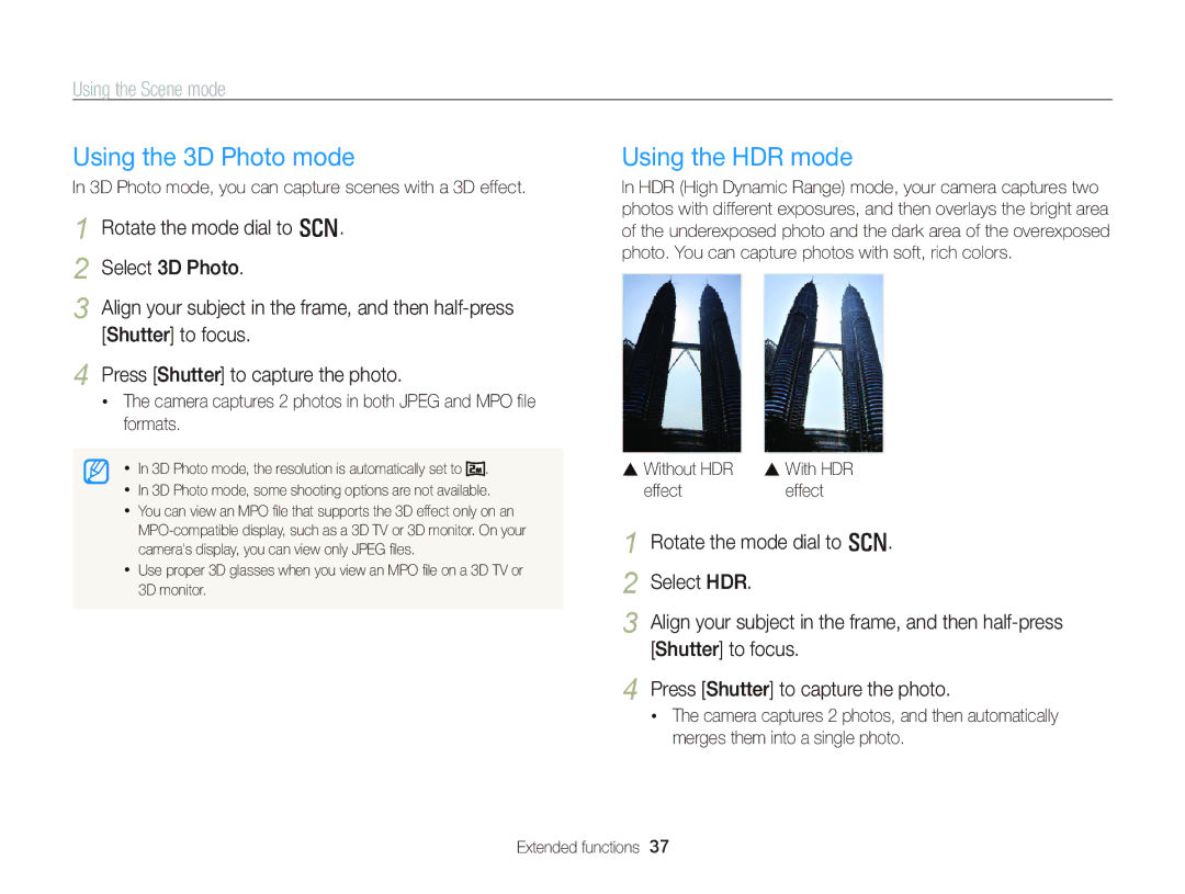 Samsung WB750 user manual Using the 3D Photo mode, Using the HDR mode, Using the Scene mode 