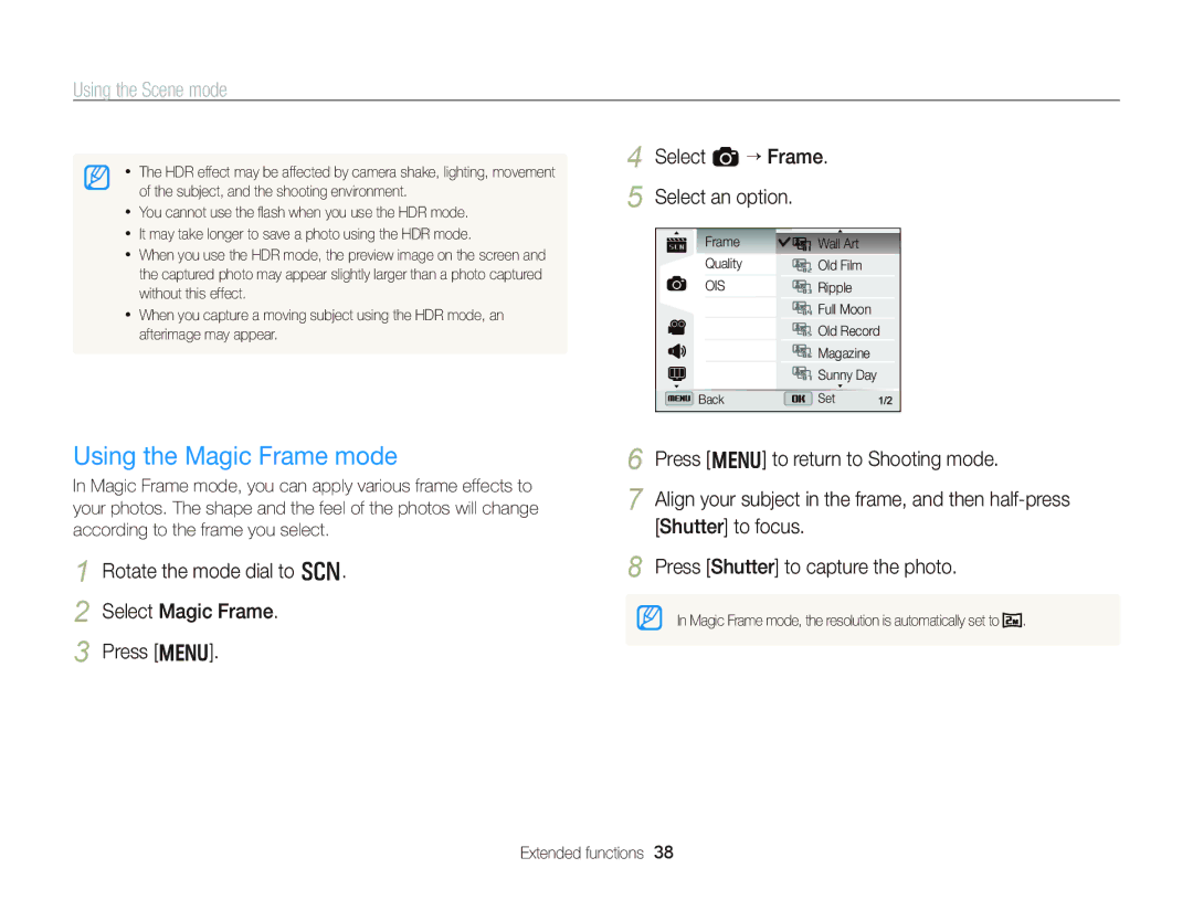 Samsung WB750 user manual Using the Magic Frame mode, Select a “ Frame Select an option 