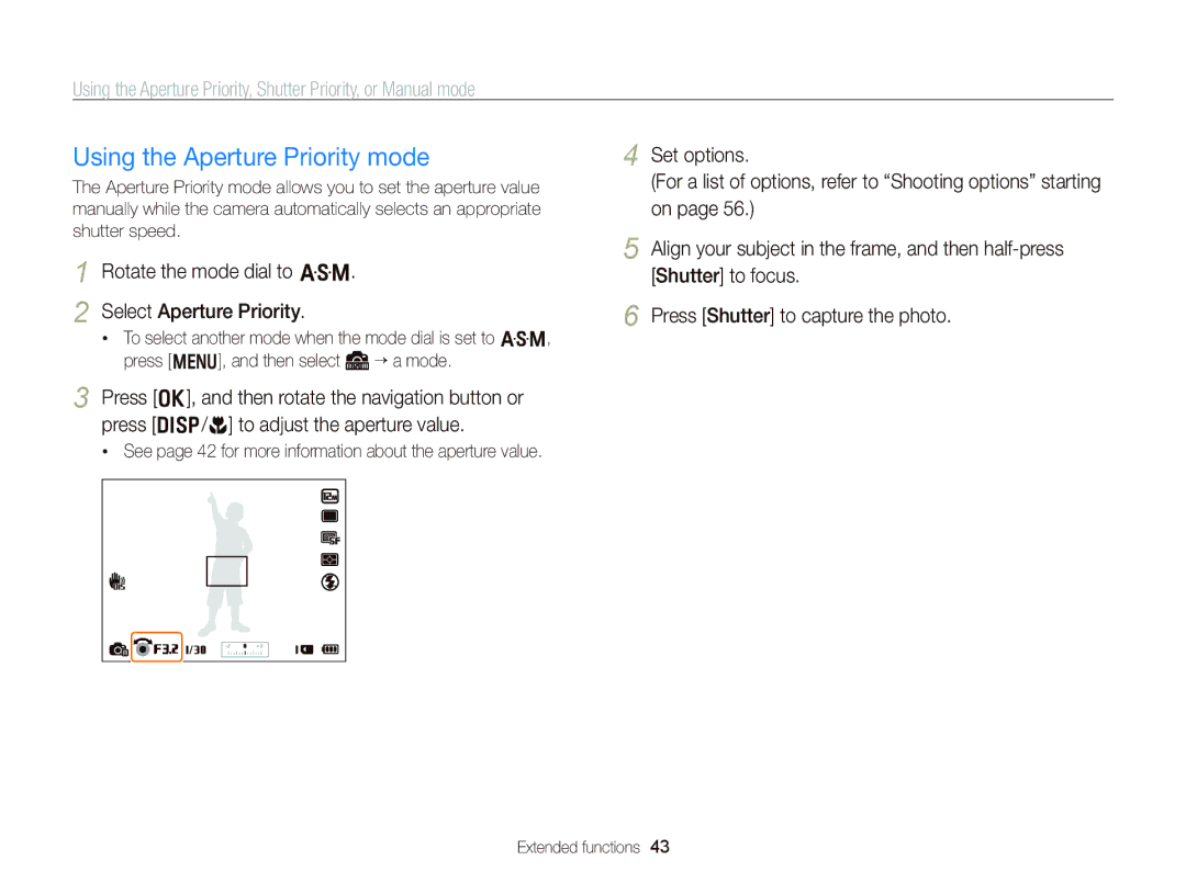 Samsung WB750 user manual Using the Aperture Priority mode, Rotate the mode dial to G Select Aperture Priority 