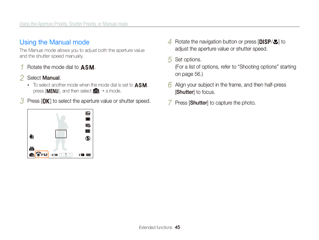 Samsung WB750 user manual Using the Manual mode, Rotate the mode dial to G Select Manual 