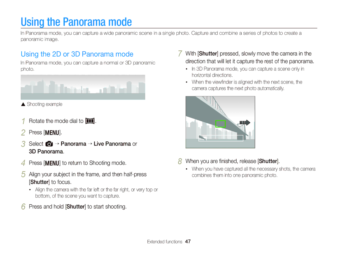 Samsung WB750 user manual Using the Panorama mode, Using the 2D or 3D Panorama mode, When you are ﬁnished, release Shutter 