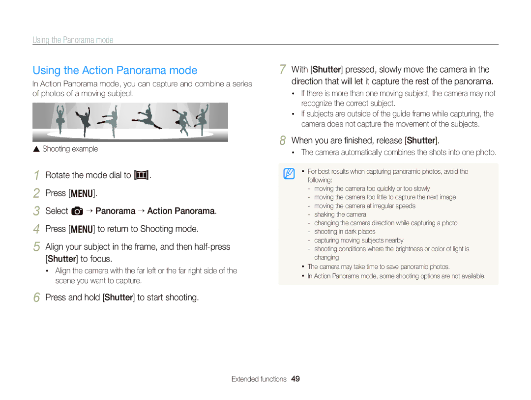 Samsung WB750 user manual Using the Action Panorama mode, Camera automatically combines the shots into one photo 