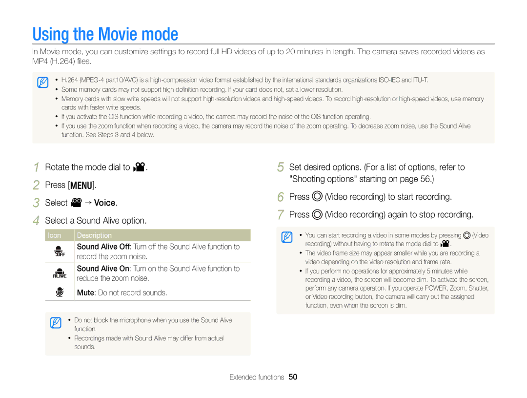 Samsung WB750 user manual Using the Movie mode, Rotate the mode dial to, Select a Sound Alive option 