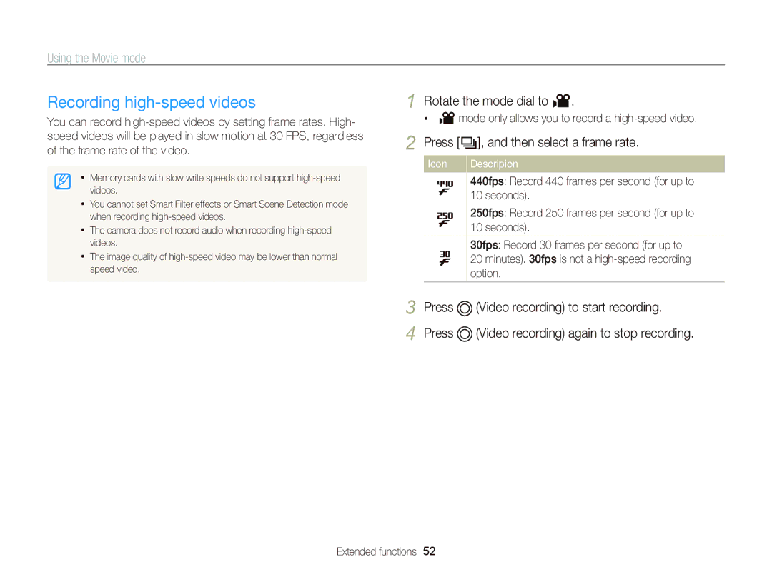 Samsung WB750 Recording high-speed videos, Press Q, and then select a frame rate, Press Video recording to start recording 