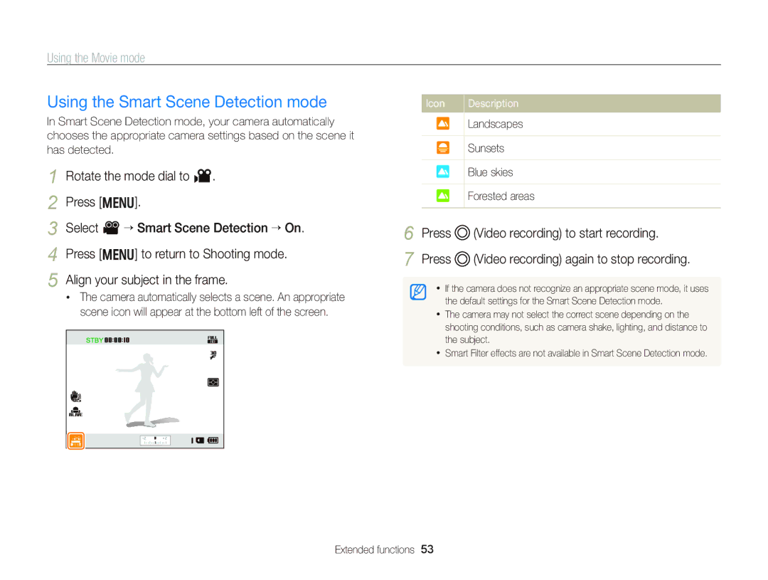 Samsung WB750 user manual Using the Smart Scene Detection mode, Press Video recording again to stop recording 