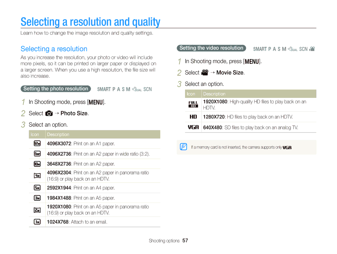 Samsung WB750 user manual Selecting a resolution and quality, Setting the photo resolution S p a h M d s, Shooting options 