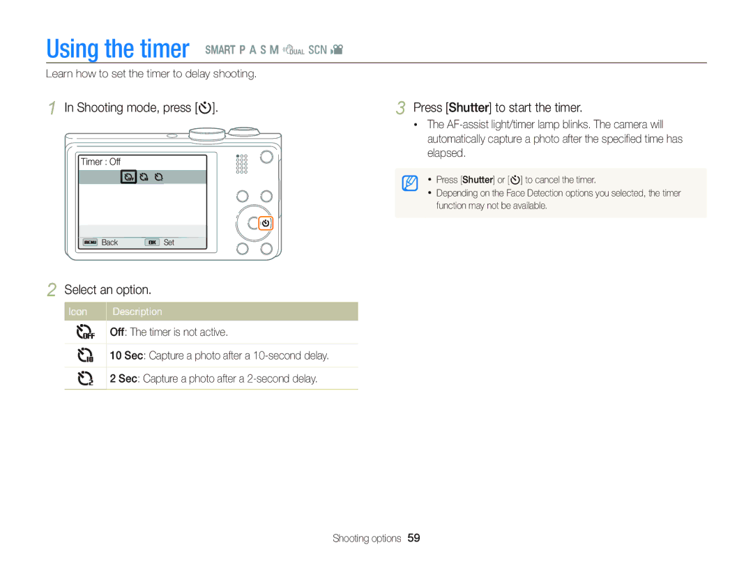 Samsung WB750 user manual Using the timer S p a h M d s, Shooting mode, press t, Press Shutter to start the timer 