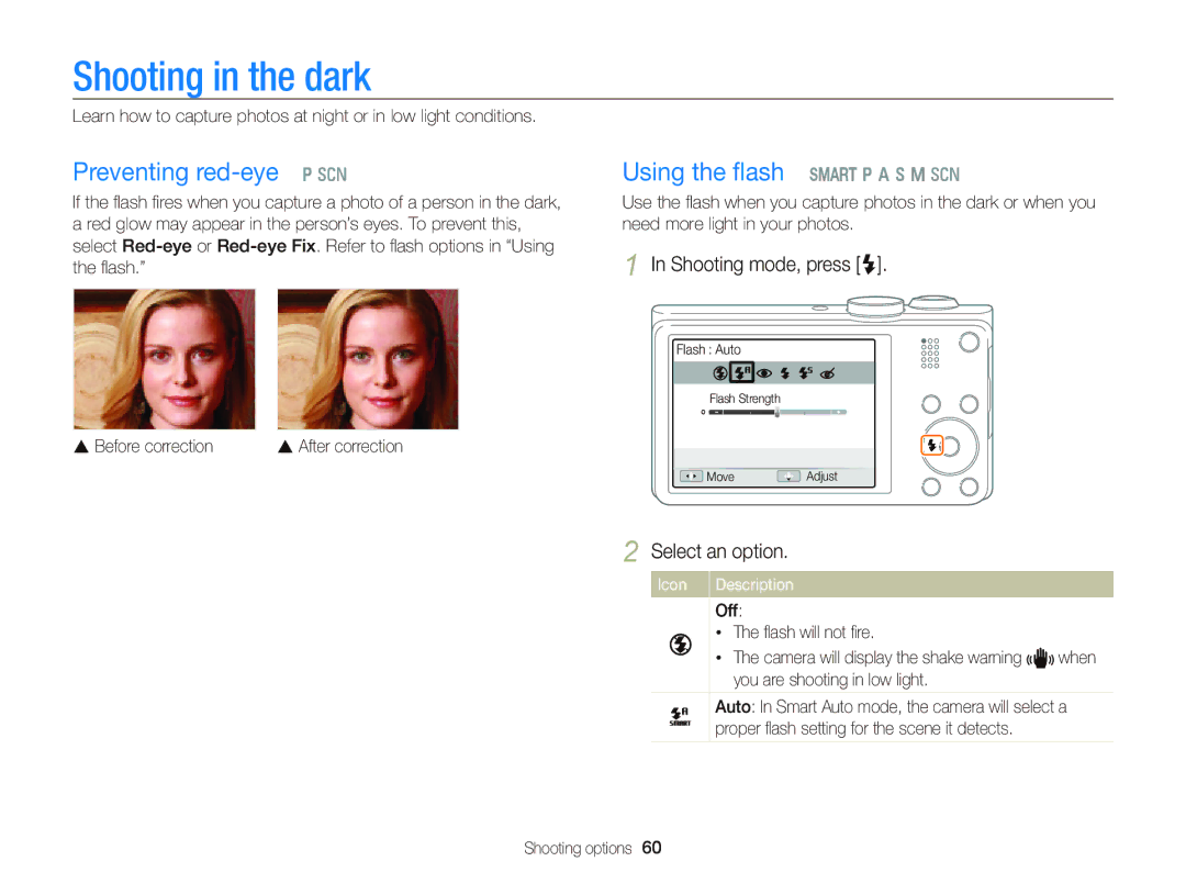 Samsung WB750 user manual Shooting in the dark, Preventing red-eye p s, Using the ﬂash S p a h M s, Shooting mode, press F 